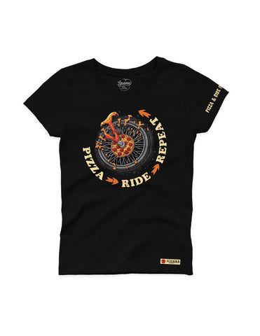 PIZZA RIDE REPEAT BLACK WOMEN T-SHIRT - iguanacustomcollection